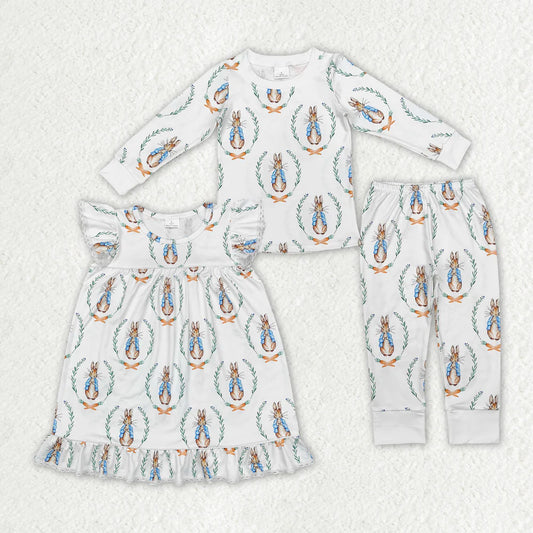 1.19 RTS Sibling Girls Baby Boys Easter Rabbits Dresses Pajamas