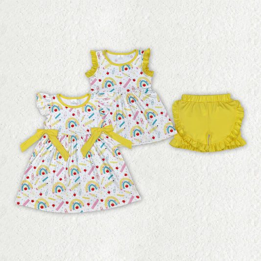 12.9 RTS Sibling Baby Girls Rainbow Back To School Dresses Outfits Sets