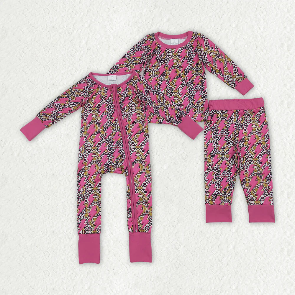 10.2 RTS Sibling Baby Girls Western Pink Lightning Leopard Rompers Pajamas