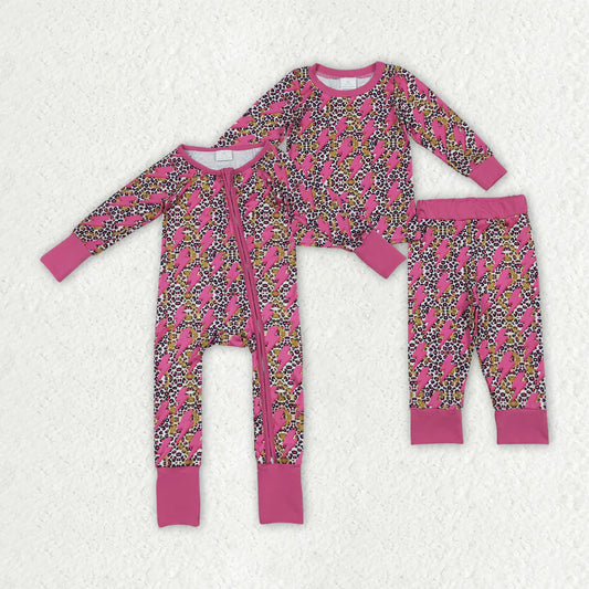 10.2 RTS Sibling Baby Girls Western Pink Lightning Leopard Rompers Pajamas
