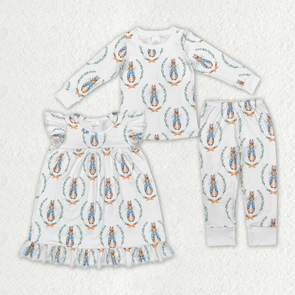 2.11 RTS Sibling Girls Baby Boys Easter Rabbits Dresses Pajamas