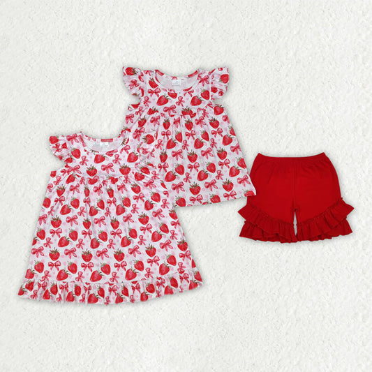 12.8 RTS Sibling Baby Girls Red Strawberry Bows Dresses Outfits