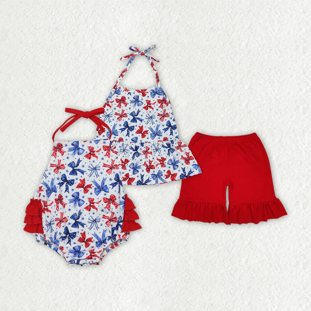 11.27 RTS Sibling Baby Girls 4th of July Bows Halter Rompers Dresses