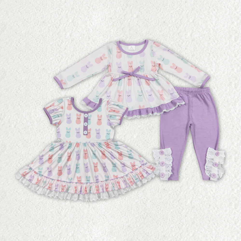 2.11 RTS Sibling Baby Girls Toddler Easter Bunny Dresses Clothes Sets