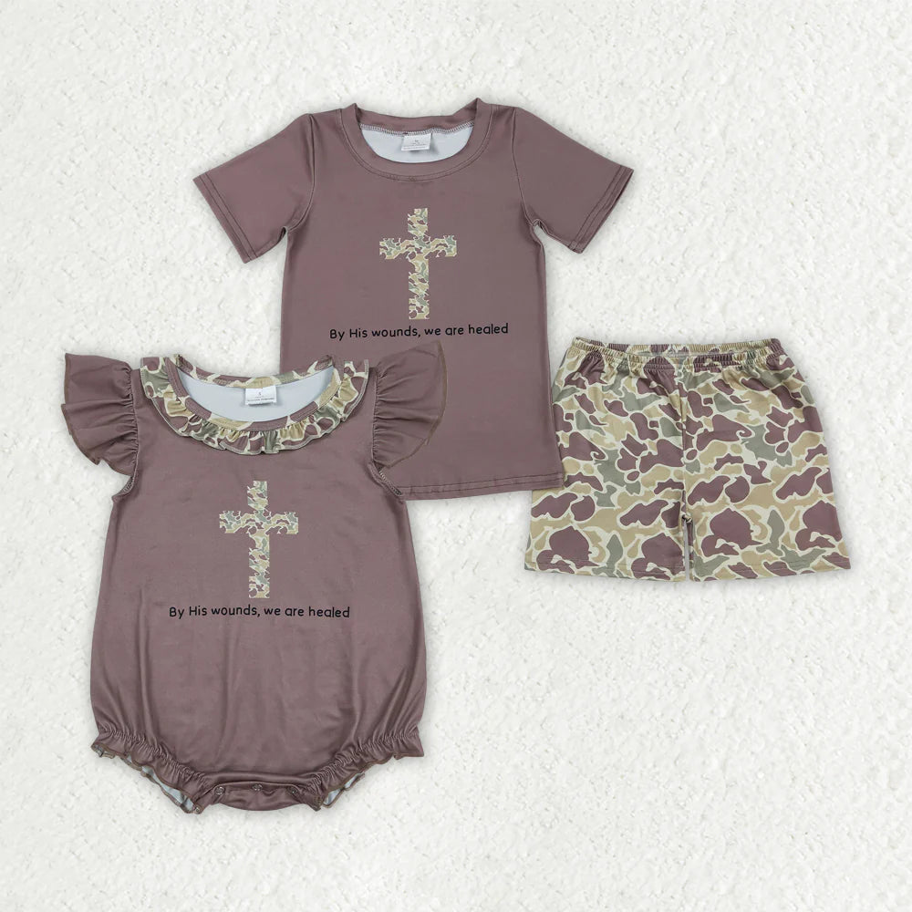 11.27 RTS Sibling Baby Boys Brown Cross Camouflage Easter Rompers Outfits