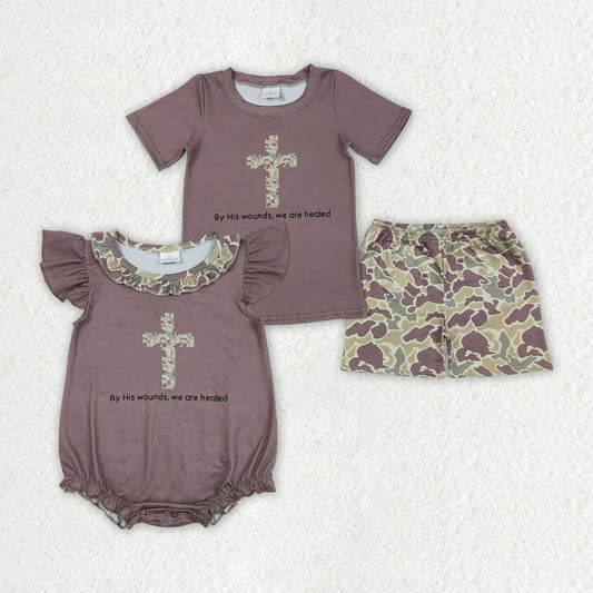 11.27 RTS Sibling Baby Boys Brown Cross Camouflage Easter Rompers Outfits