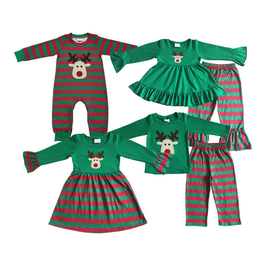10.2 RTS Sibling Christmas Reindeer Embroidery Rompers Dresses Outfits
