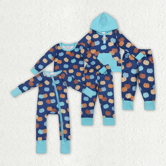 10.2 RTS Sibling Baby Boys Blue Pumpkins Fall Outfits Pajamas Rompers Sets