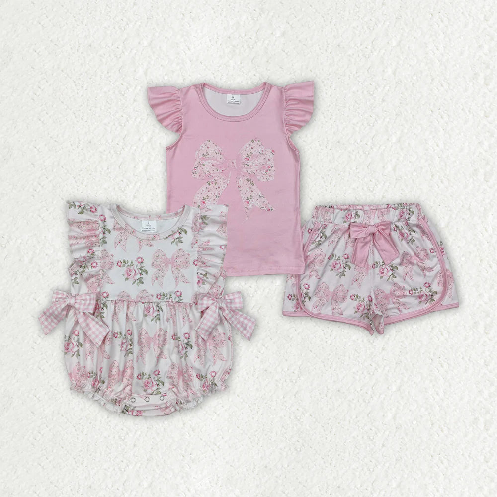 11.27 RTS Sibling Baby Girls Pink Flowers Summer Rompers Outfits