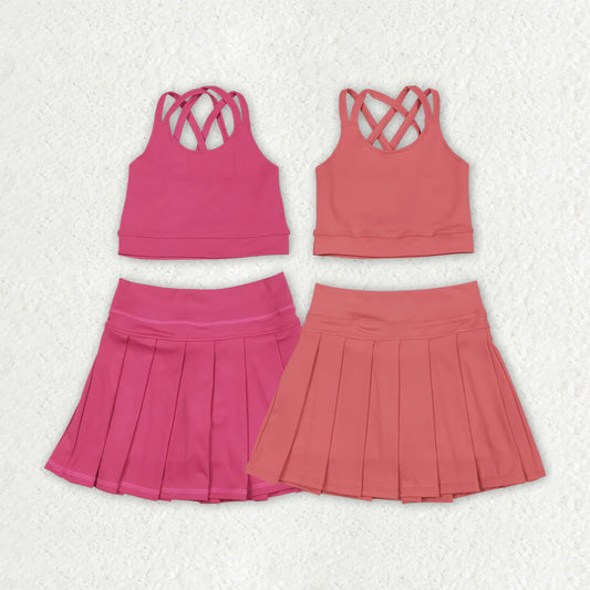 10.3 RTS 2 Colors Baby Girls Pink Strap Vest Top Pleated Skort Yoga Sets