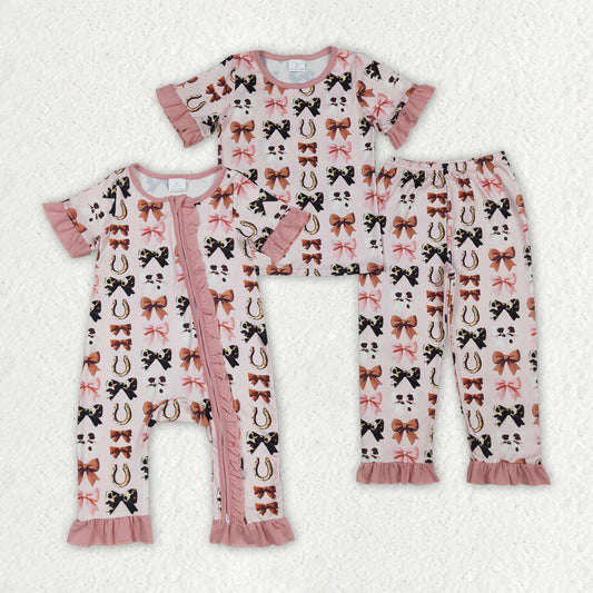 10.2 RTS Sibling Baby Girls Pink Western Bows Horse Shoes Rompers Pajamas