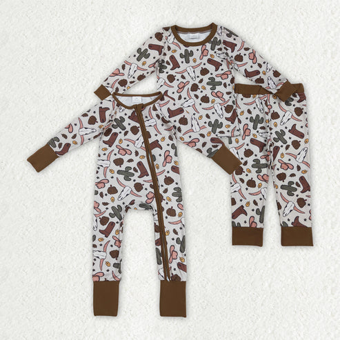 9.30 RTS Sibling Baby Boys Western Bull Skull Cactus Rompers Pajamas Clothes Sets