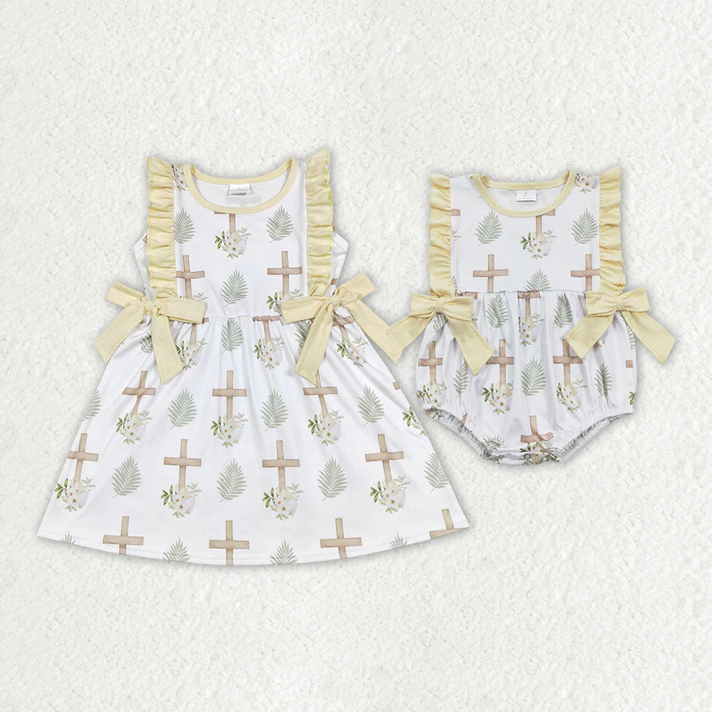 2.10 RTS Sibling Baby Girls Cross Easter Flowers Bows Rompers Dresses