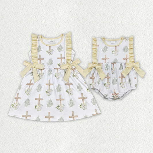 2.10 RTS Sibling Baby Girls Cross Easter Flowers Bows Rompers Dresses