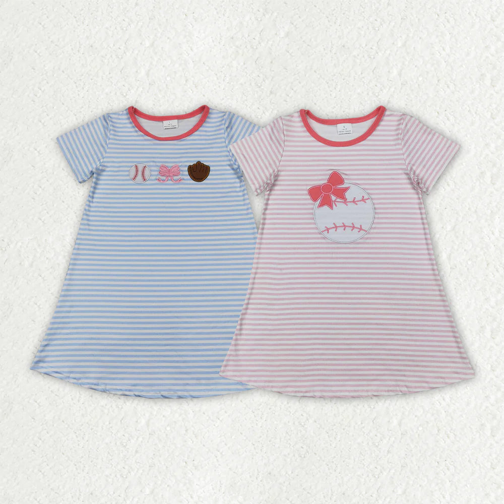 11.28 RTS Sibling Embroidery Baby Girls Stripe Bows Baseball Knee Length Dresses