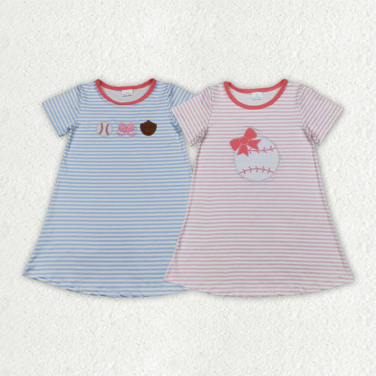 11.28 RTS Sibling Embroidery Baby Girls Stripe Bows Baseball Knee Length Dresses