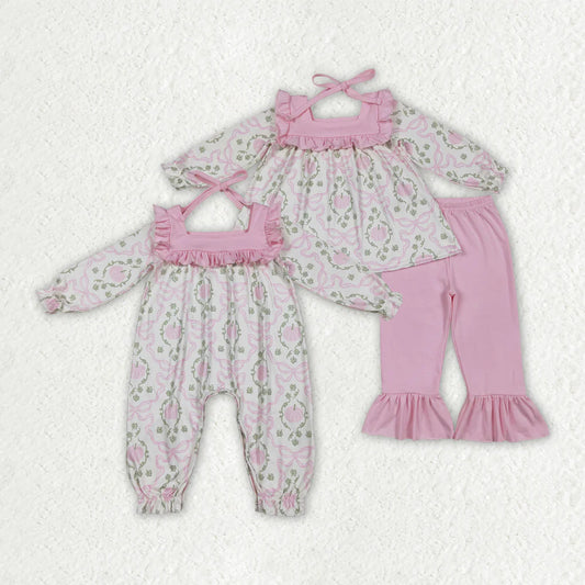 10.2 RTS Sibling Baby Girls Pumpkins Bows Rompers Outfits Sets