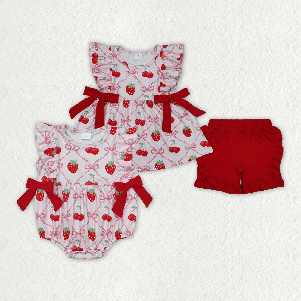 12.25 RTS Sibling Baby Girls Strawberry Bows Rompers Clothes Sets