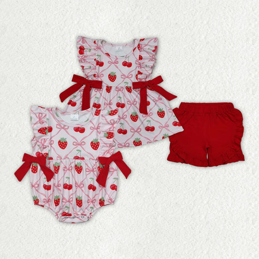 12.25 RTS Sibling Baby Girls Strawberry Bows Rompers Clothes Sets
