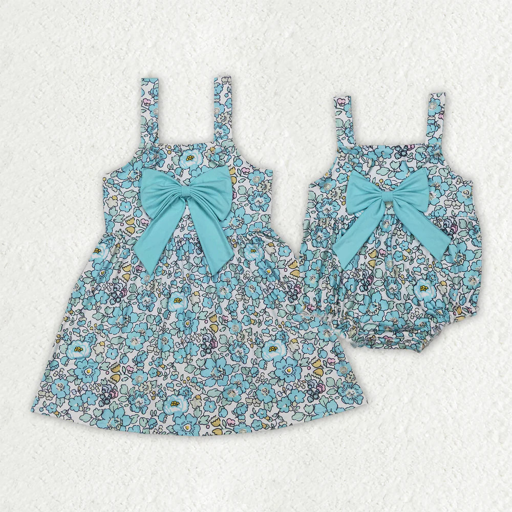 12.1 RTS Sibling Baby Girls Blue Flowers Big Bow Rompers Dresses