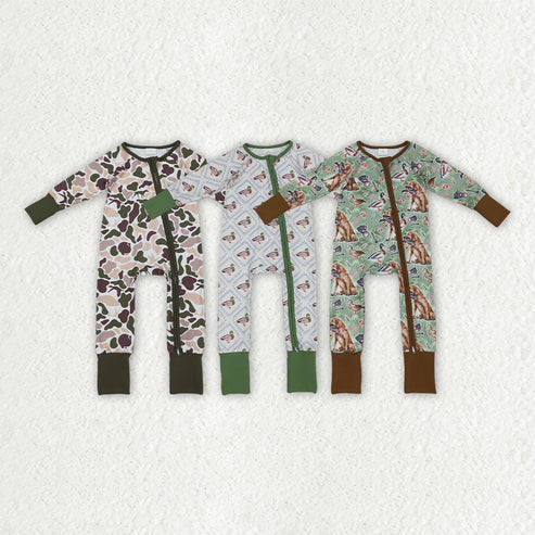 9.17 RTS Sibling Baby Boys Ducks Hunting Season Camo Southern Zipper Footie Rompers