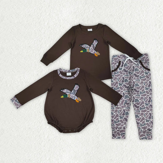 10.1 RTS Sibling Embroidery Baby Boys Brown Duck Top Camo Rompers Outfits Sets