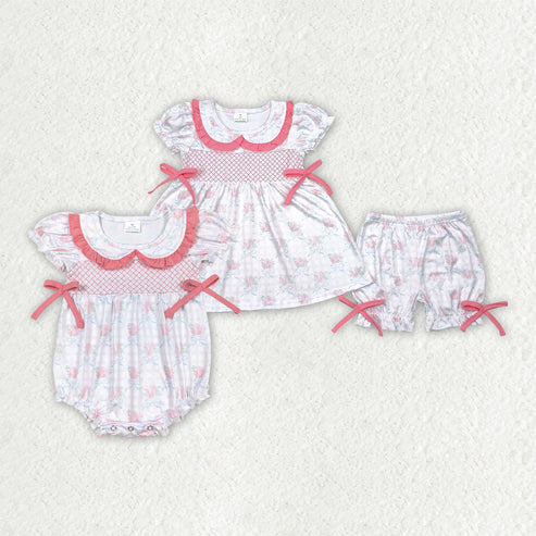 11.8 RTS Sibling Embroidery Baby Girls Pink Bows Rompers Outfits Sets