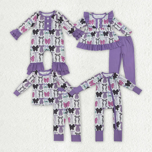 10.1 RTS Sibling Baby Girls Purple Bows Pajamas Rompers Outfits Sets