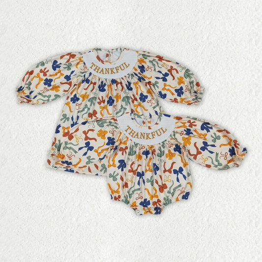 10.1 RTS Sibling Smocked Embroidery Baby Girls Thanksgiving Thankful Colorful Bows Rompers Dresses