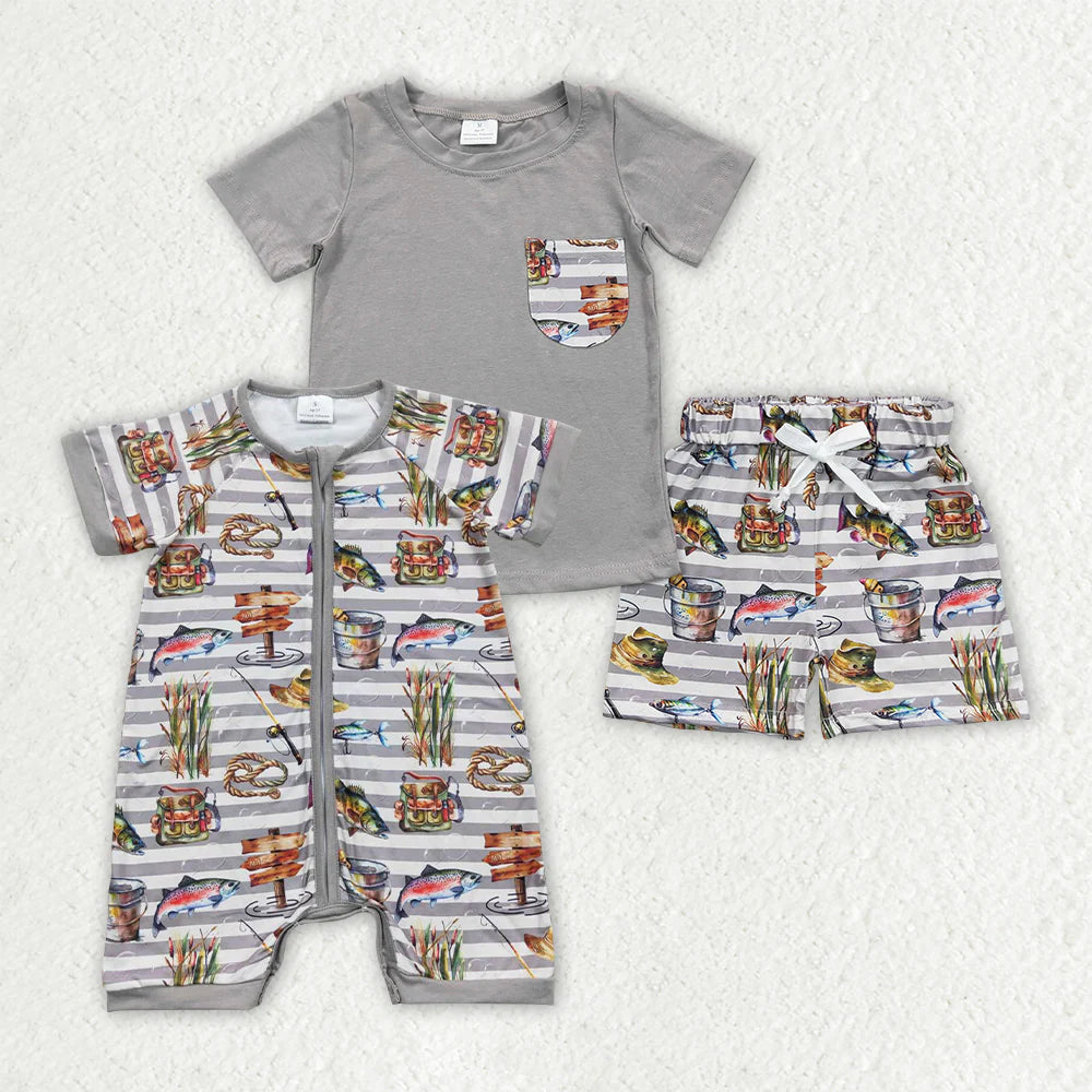 12.4 RTS Sibling Baby Boys Fishing Zip Rompers Outfits Sets
