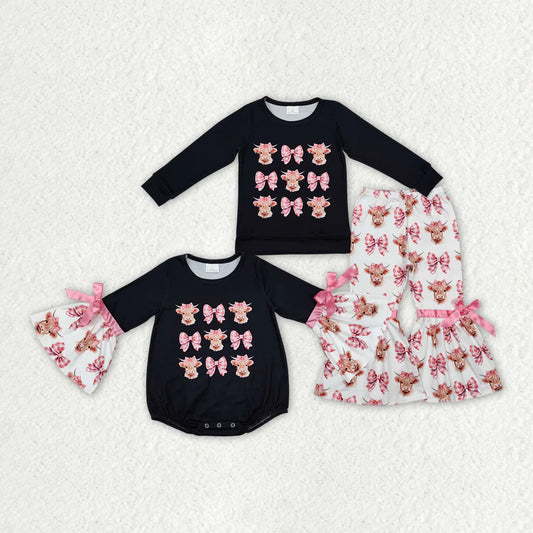 2.6 RTS Sibling Baby Girls Highland Cow Bows Rompers Clothes Sets