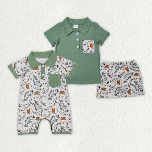 12.25 RTS Sibling Baby Boys Green Pocket Shirts Fishing Rompers Sets
