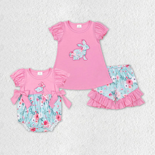 12.26 RTS Sibling Baby Girls Easter Floral Rabbit Bows Rompers Clothes Sets
