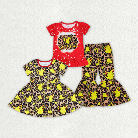12.30 RTS Sibling Baby Girls Softball Leopard Dresses Clothes Sets