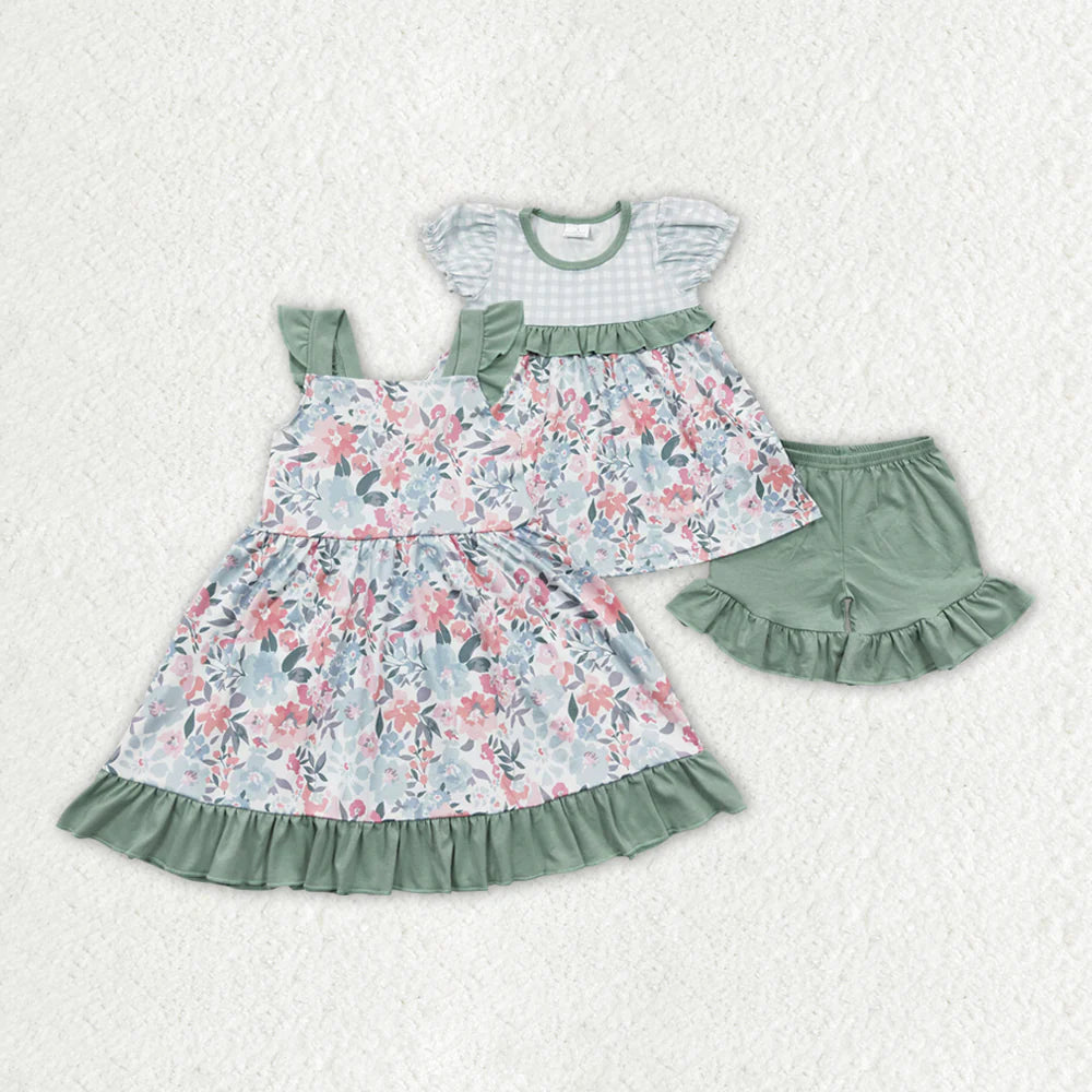 12.23 RTS Sibling Baby Girls Green Floral Dresses Outfits Clothes Sets