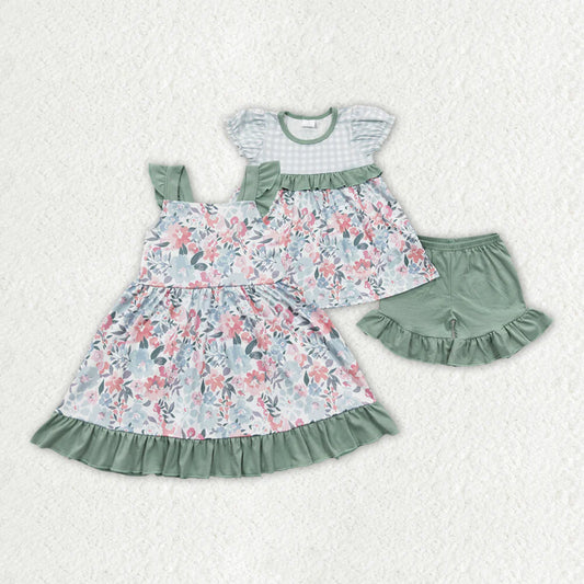 12.23 RTS Sibling Baby Girls Green Floral Dresses Outfits Clothes Sets