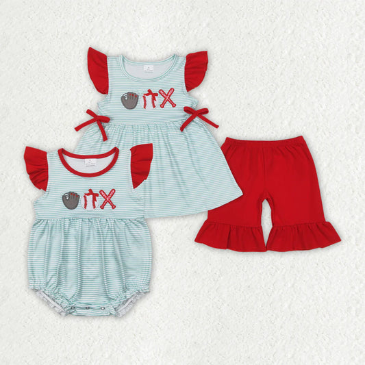 11.28 RTS Sibling Embroidery Baby Girls Baseball Summer Rompers Outfits Sets