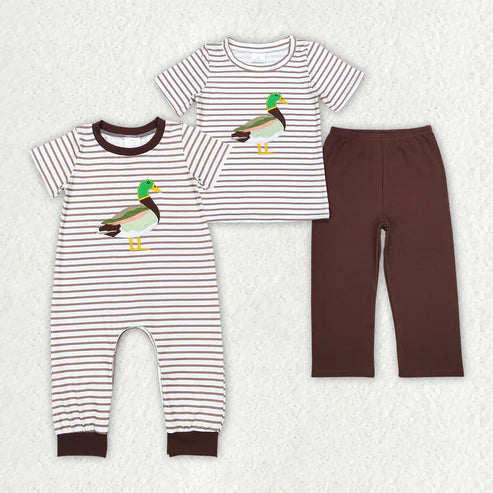 11.11 RTS Sibling Baby Boys Duck Brown Embroidery Romper Outfits