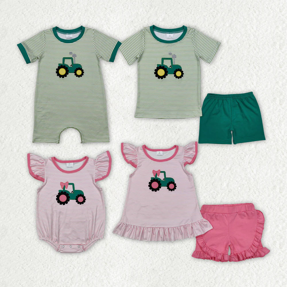 12.27 RTS Sibling Boys Baby Girls Pink Truck Bow Tunic Shorts Clothes Sets