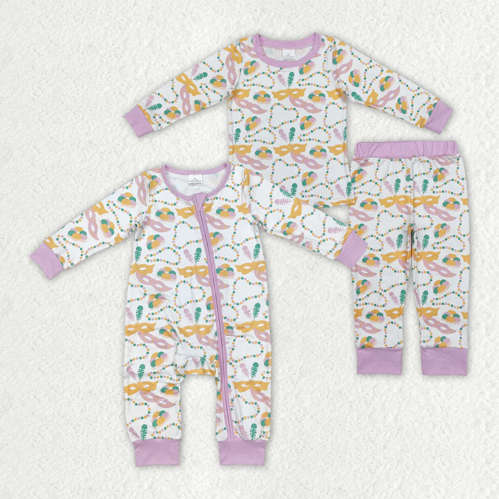 10.14 RTS Sibling Baby Girls Mardi Gras Masks Lavender Rompers Pajamas