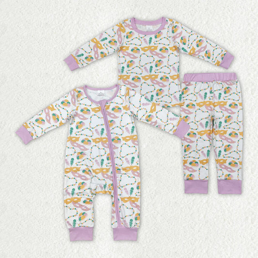 10.14 RTS Sibling Baby Girls Mardi Gras Masks Lavender Rompers Pajamas