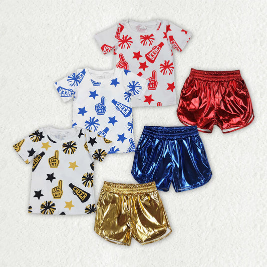 11.29 RTS Sibling Baby Girls Cheer Team Tops Metallic Shorts Clothes Sets