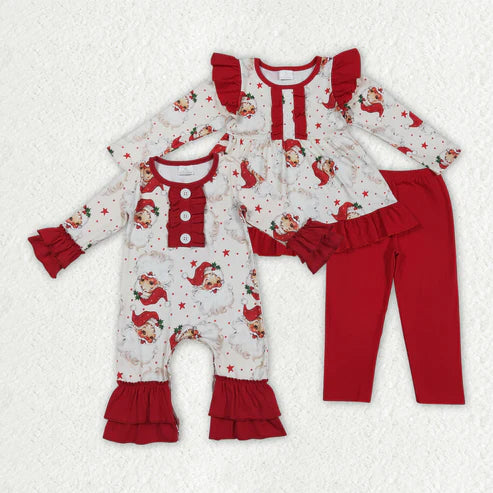 9.30 RTS Sibling Baby Girls Christmas Santa Stars Rompers Outfits Sets