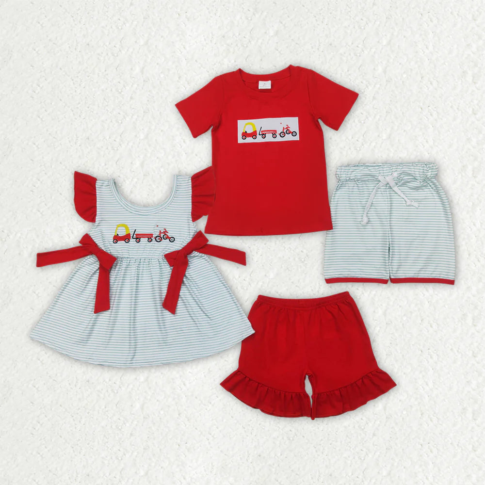 11.28 RTS Sibling Embroidery Baby Girls Boys Trucks Summer Outfits Clothes Sets