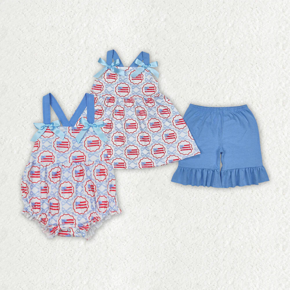 11.26 RTS Sibling Baby Girls Blue Bows Flag Rompers Outfits Sets