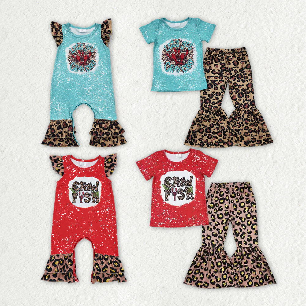 2.5 RTS Sibling Baby Girls Crawfish Leopard Rompers Bell Bottoms Clothes Sets