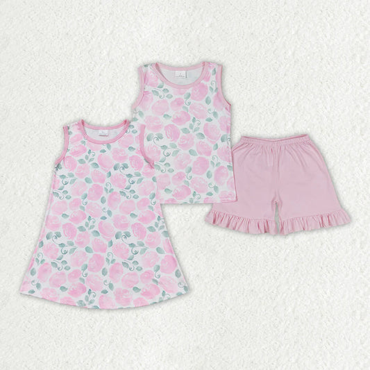 12.23 RTS Sibling Baby Girls Pink Flowers Dresses Summer Outfits Sets