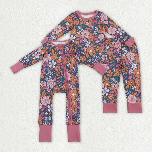 9.30 RTS Sibling Baby Girls Lavender Floral Zip Rompers Pajamas Clothes Sets