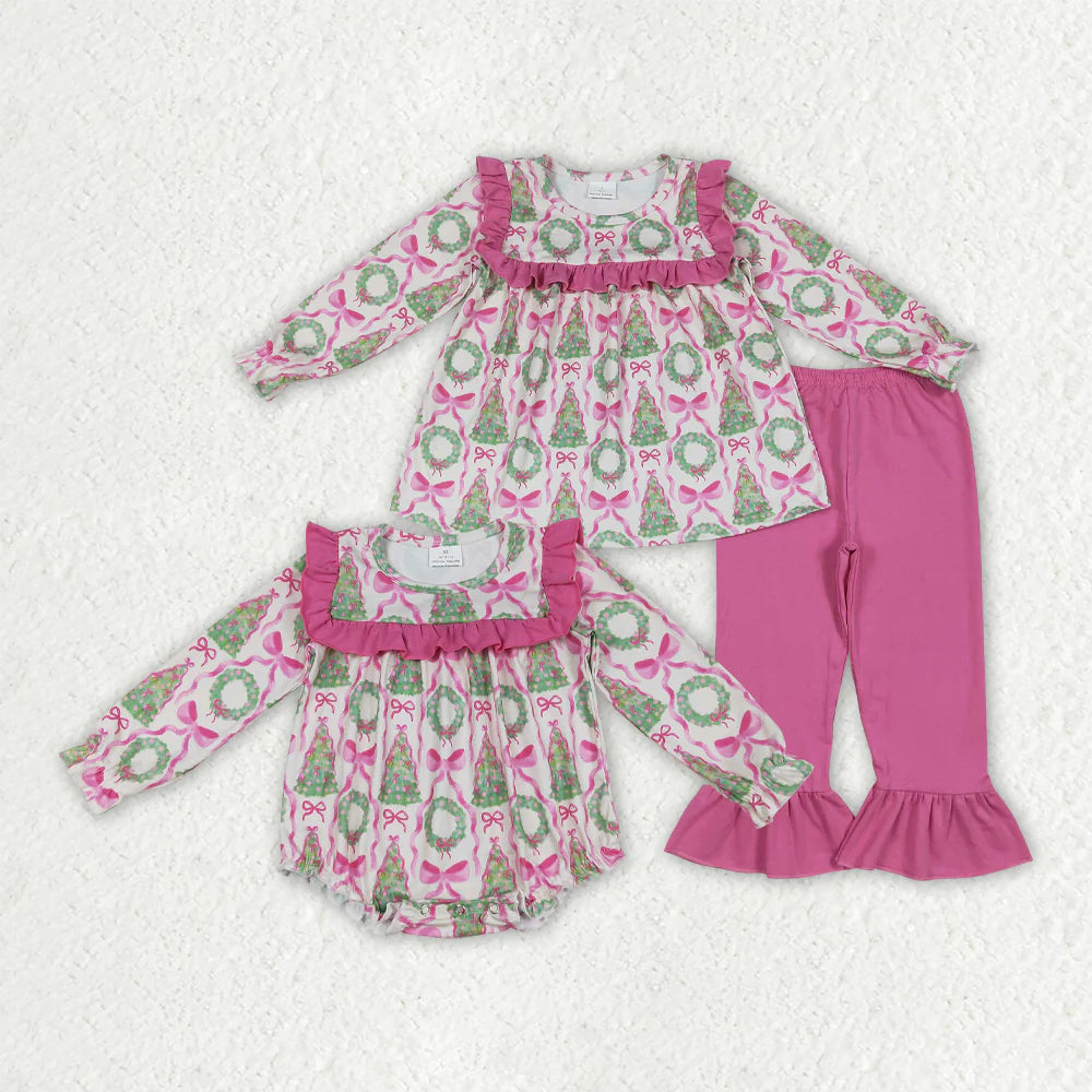 10.2 RTS Sibling Baby Girls Christmas Trees Bows Rompers Outfits Sets