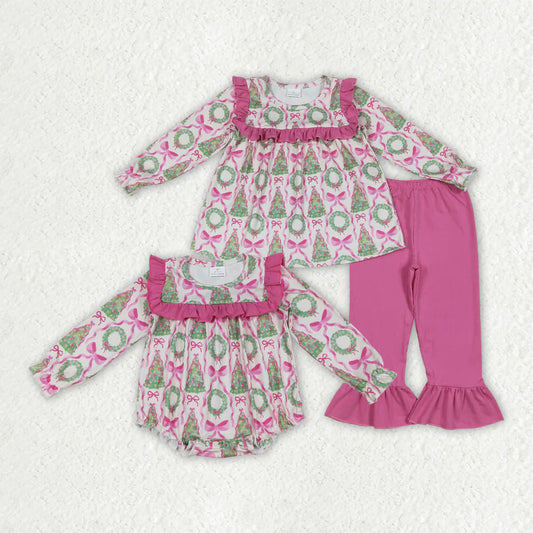 10.2 RTS Sibling Baby Girls Christmas Trees Bows Rompers Outfits Sets